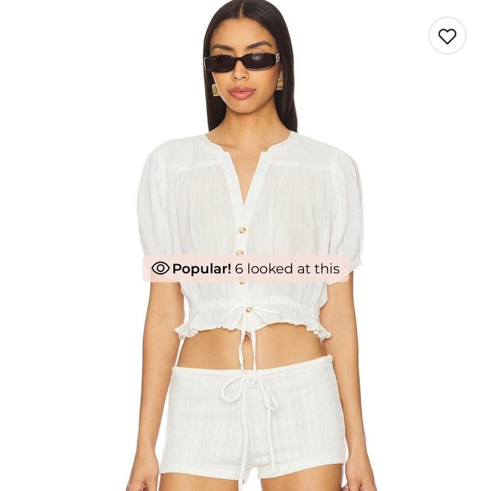 Free People White Cotton Short Sleeve Button Crop Top